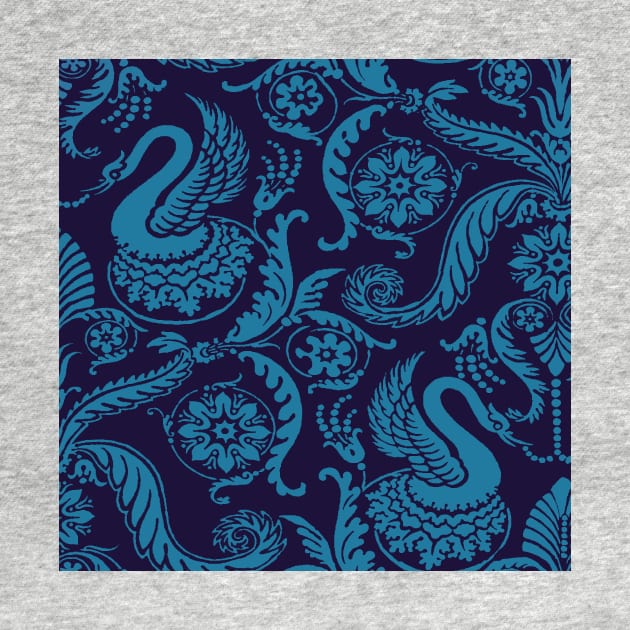 Teal on Navy Classy Medieval Damask Swans by JamieWetzel